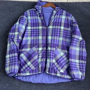 Columbia Jacket Kids Large Purple Plaid Hooded Reversible Fleece‎ Puffer Warm